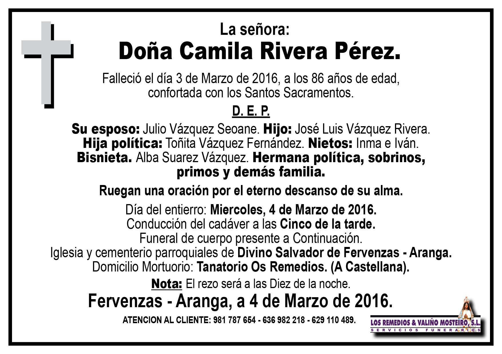 Esquela de Camila Rivera Pérez.